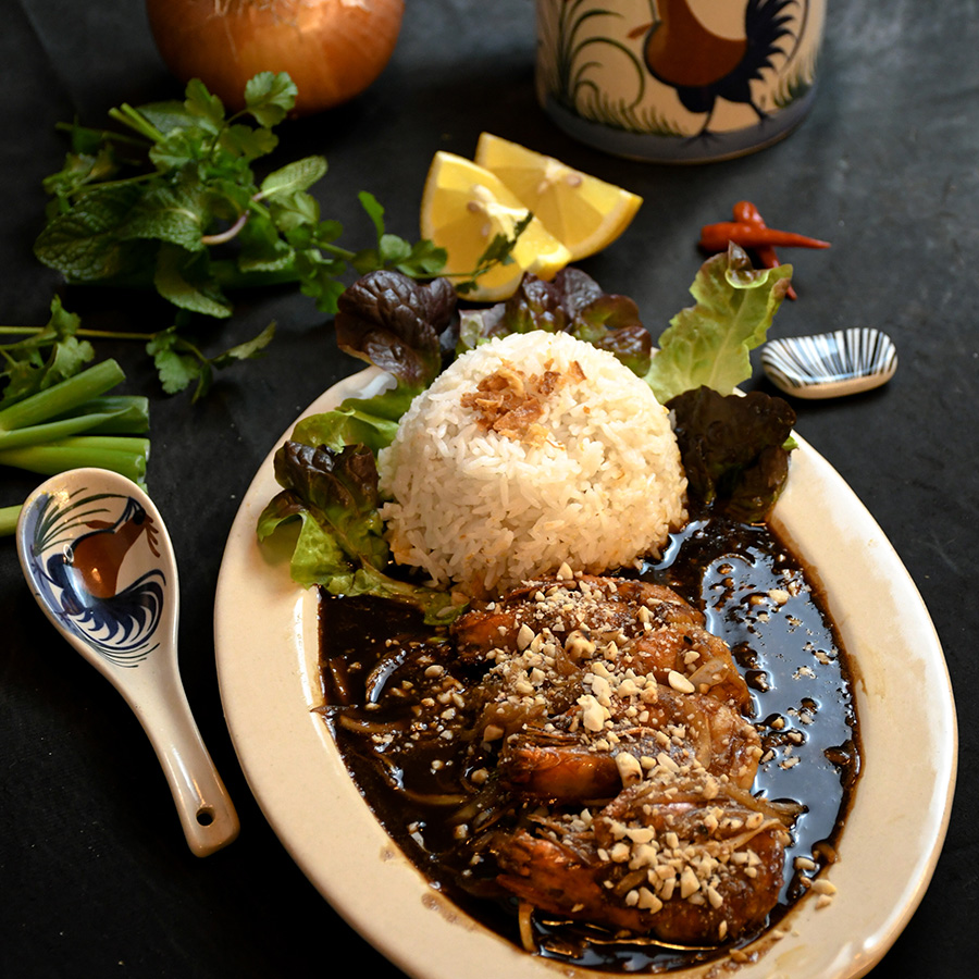 Gambas con salsa de tamarindo y arroz de jazmín