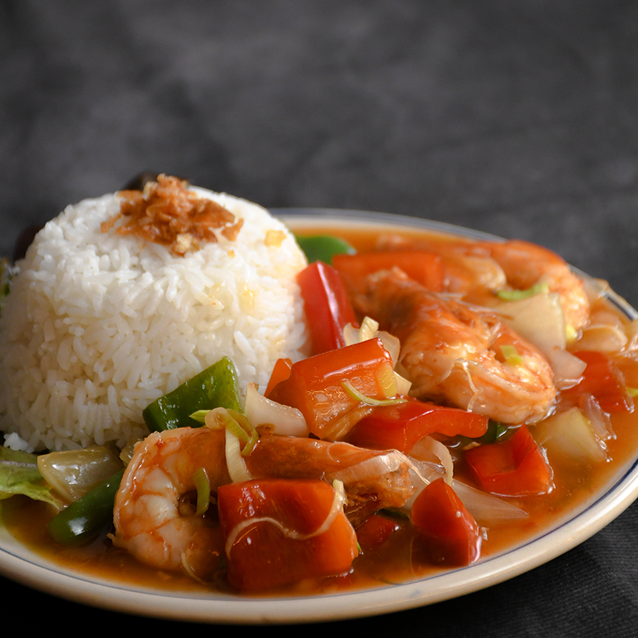 Gambas agridulces con arroz de jazmín
